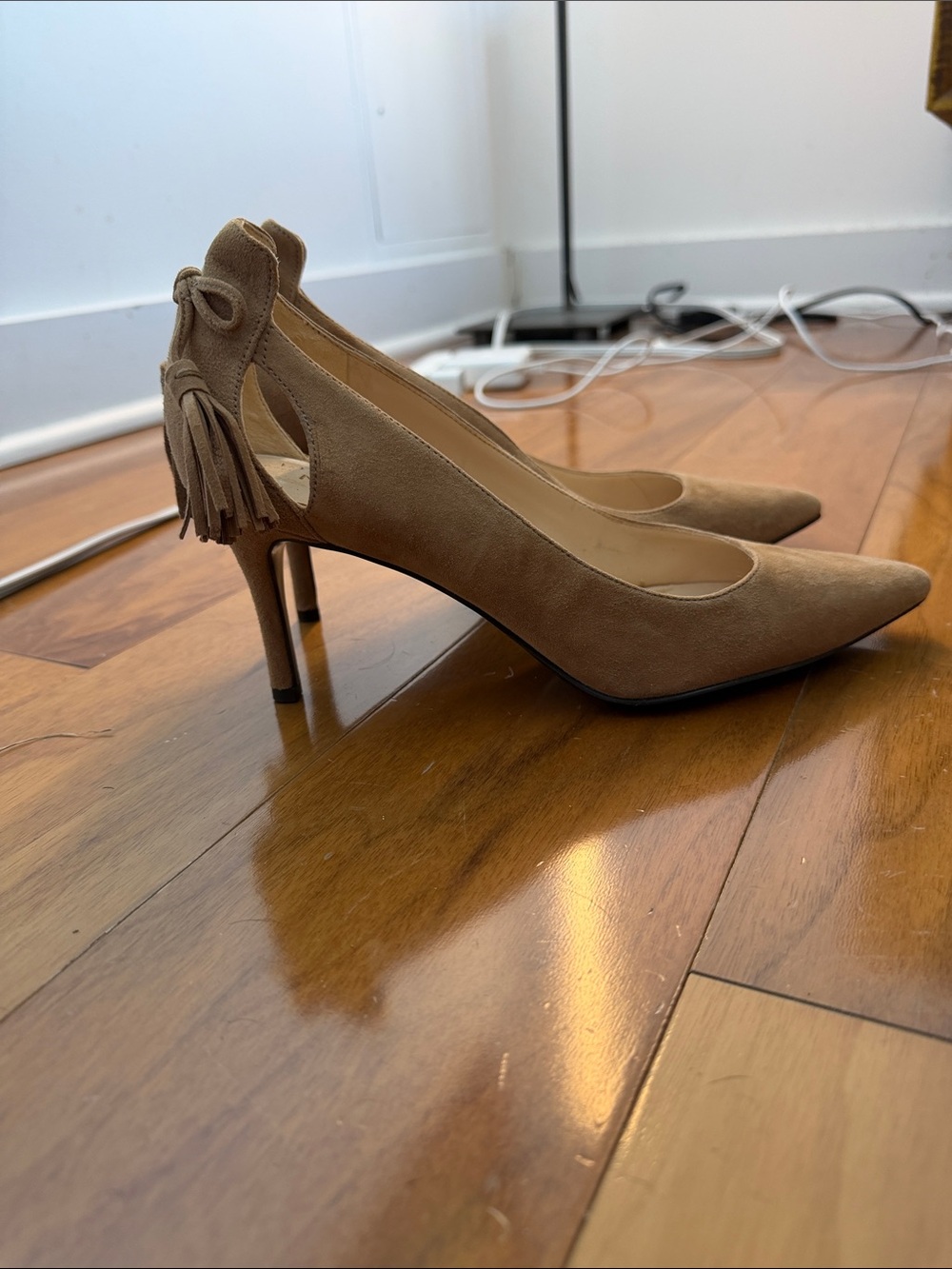 Nine West Taupe Suede Pointed-Toe Tassel Pumps